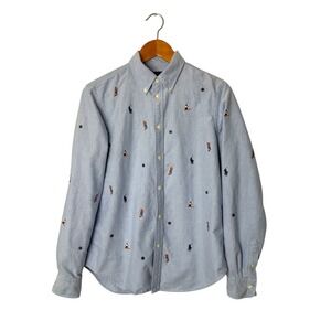 Ralph Lauren Mens L Blue Nautical Anchor Flag Embroidered Oxford Shirt Preppy